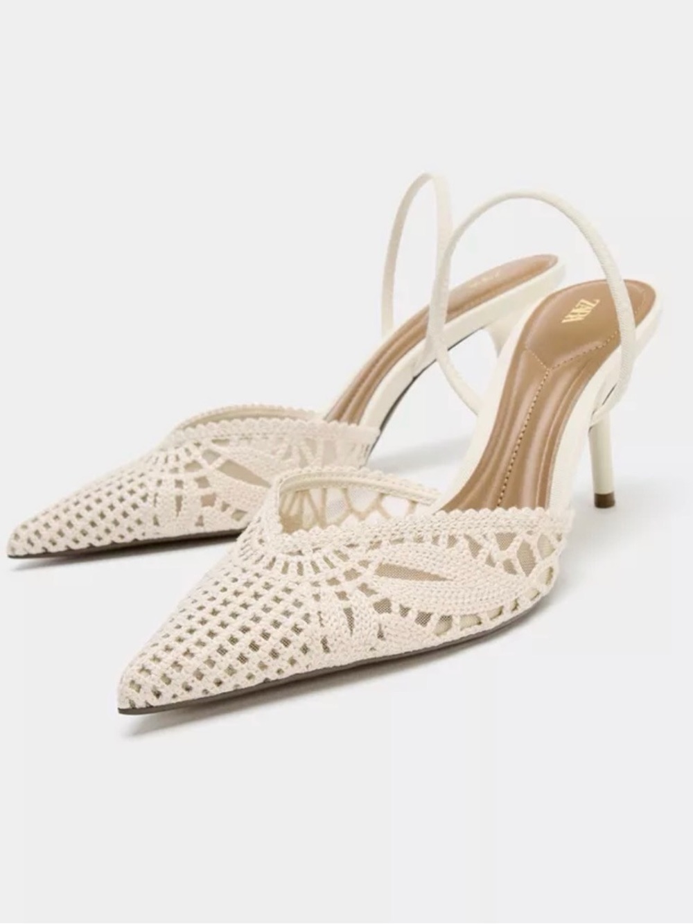 Zara Cream Crochet Pointed Slingback Heels Worn Once Size 41